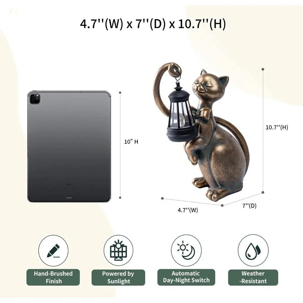 Solar Powered Cat Garden Statue Lighted Lantern Sculpture Outdoor Yard Art Decor